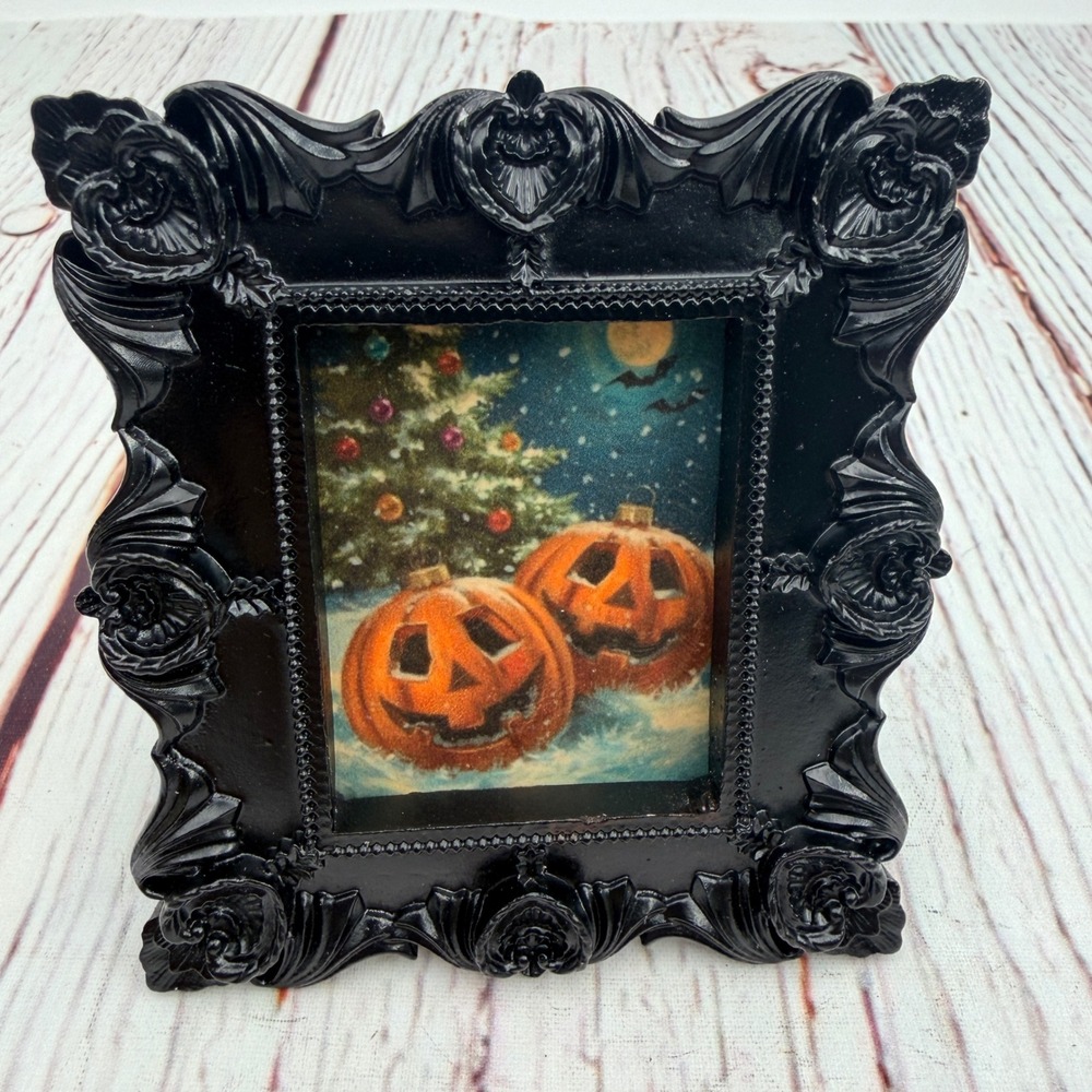 Handmade Gothic Jack-O-Lantern Christmas Tree Decoupage Art Black Resin Frame